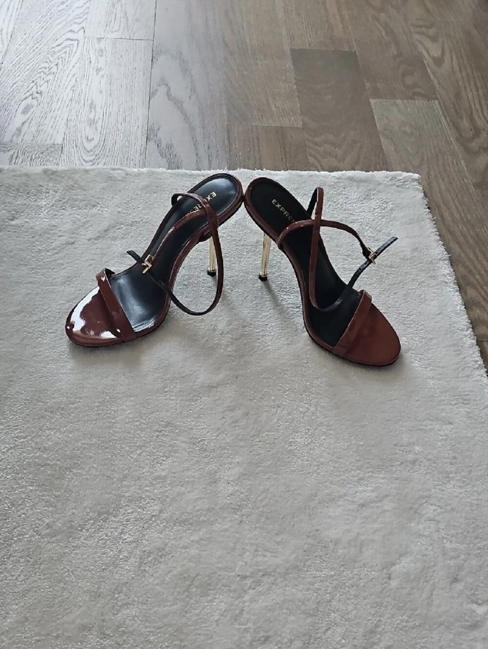 Express Brown Strappy Stiletto Sandals with Gold Heel